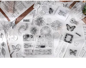 Detailed view of vintage transparent silicone stamps for DIY journaling and scrapbooking.