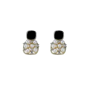 Elegant vintage style square stud earrings with white pearls and black enamel finish