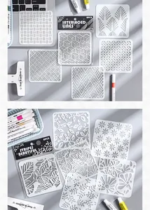 Detailed view of white PET hollow painting templates with geometric and floral patterns.