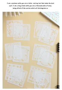 Close-up of hollowed PET journal stencils with floral and letter patterns for drawing
