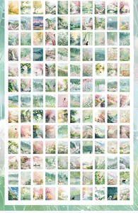 Grille détaillée d'illustrations de paysages à l'aquarelle pour le scrapbooking et les notes.