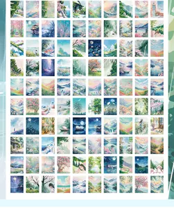 Vue détaillée de 100 autocollants de paysage à l'aquarelle en grille de 10x10