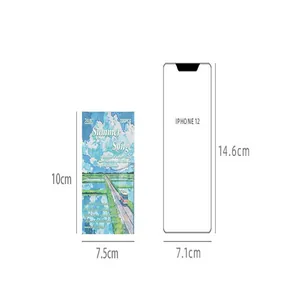Tableau de comparaison de taille du bloc-notes paysage 10x7,5 cm avec un iPhone 12.