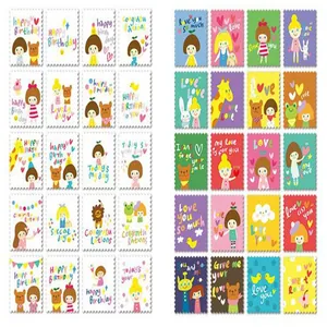 Autocollants mignons style timbre Okey Tina avec animaux colorés et vœux d'anniversaire