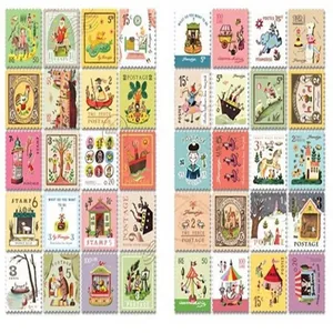 Collection d'autocollants timbres de style vintage avec diverses illustrations de dessins