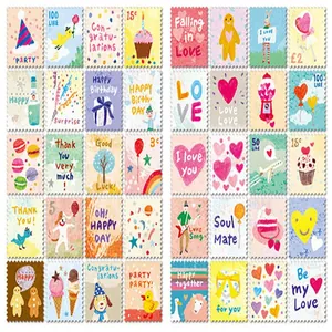 Vue détaillée d'autocollants colorés sur le thème des timbres avec illustrations