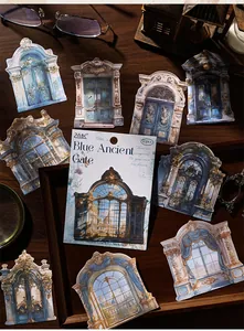 Nahaufnahme von blauen Tor-Aufklebern im Vintage-Stil für Scrapbooking und DIY-Deko