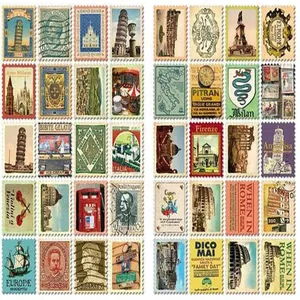 Collection d'autocollants timbres italiens vintage avec monuments de Pise et Rome pour carnets.