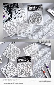Detailed view of textured PET drawing stencils with geometric and natural patterns