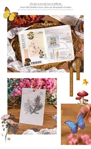 Close-up of vintage nature-themed stickers featuring botanical and mushroom patterns