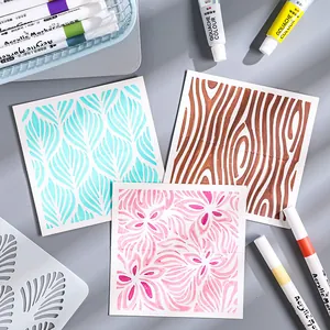 Vintage PET painting stencils with retro leaf and wood grain patterns for DIY art projects