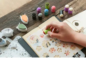 Detail view of finger sponge dauber used with flower stencil on notebook crafting set