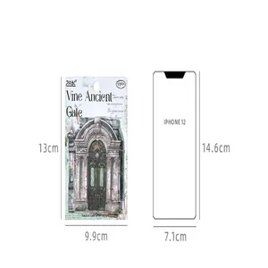 Größenvergleichsdiagramm von Vintage-Tor-Aufklebern neben einem iPhone 12-Umriss