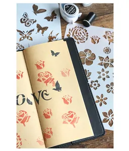 DIY journal stencil stamping set showing rose patterns on vintage paper notebook