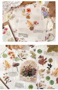 Floral PET waterproof sticker set with vintage nature theme for scrapbooking and journaling