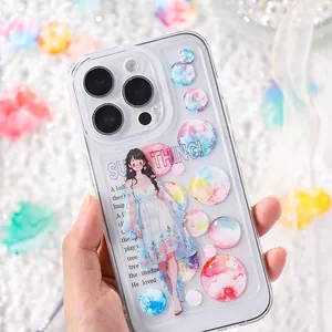 Cute 3D glossy cartoon girl and bubble stickers for phone case DIY decoration