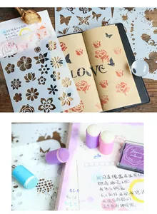 Close-up of sponge daubers and stencil templates for DIY journaling scrapbooks