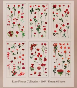 Detailed view of six rose-themed sticker sheets with diverse floral patterns and sizes