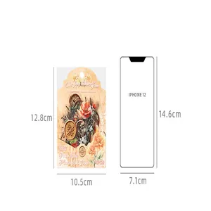 Detailed size comparison diagram of waterproof floral sticker pack next to an iPhone 12