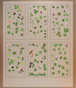 Set of six vintage botanical clover and flower sticker sheets for journaling DIY