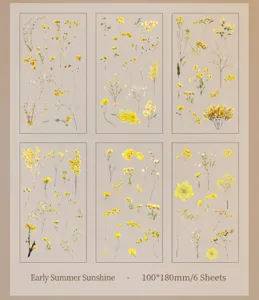 Detailed view of six sheets of vintage yellow floral stickers, 100x180mm craft set.