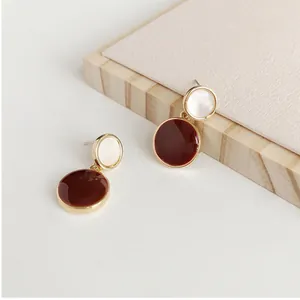 Elegant red and white enamel geometric round earrings with S925 silver needle.