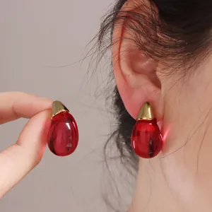 Orecchini a Bottone in Acciaio Inossidabile a Forma di Goccia d'Acqua in Resina Trasparente Colorata Stile Coreano Minimalista Donna