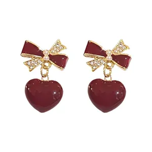 Lavender Purple Heart Stud Earrings For Women Light Luxury Gold Bow Design Alloy Rhinestone Artificial Pearl Inlaid Elegant Earrings Jewelry