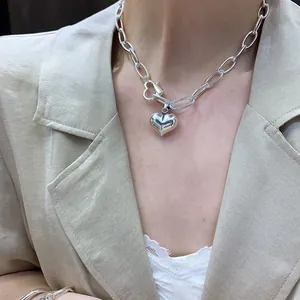 Chunky 925 sterling silver heavy chain necklace with large heart pendant on model