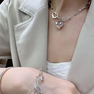 Elegant chunky 925 sterling silver heart pendant necklace and matching bracelet set