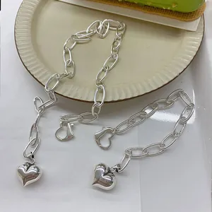 Elegant 925 sterling silver chunky chain necklace and heart pendant bracelet set