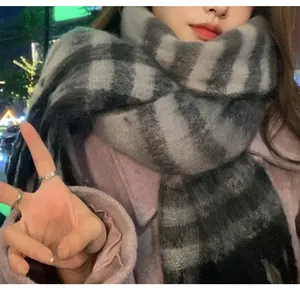 Soft mohair plaid scarf for women, cozy winter warm shawl with grey check pattern