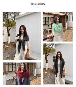 Collage showing different colors of elegant knitted triangle shawl on a model outdoors.