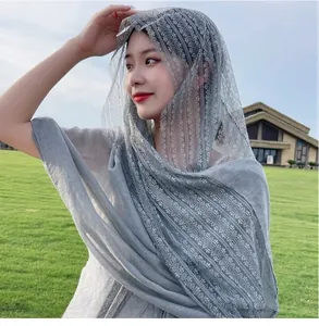 Gray linen-colored scarf with elegant white lace splicing, lightweight cotton linen shawl
