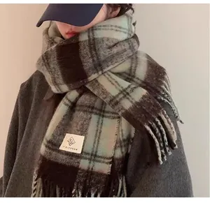 Cozy mohair plaid scarf for women featuring soft autumn Maillard colors and soft fringe
