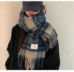 Soft and thick blue and tan plaid mohair scarf with fringe detail for women winter fashion