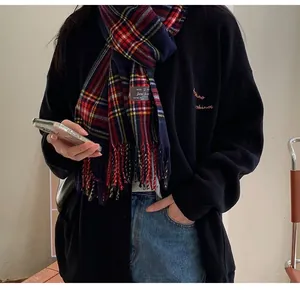 Cozy winter plaid scarf with fringe detail, soft imitation cashmere neck warmer for women