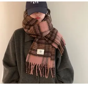 Chic thick Maillard plaid scarf for women with soft tassel details in cozy autumn style.