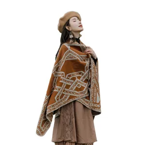 Retro ethnic style imitation cashmere shawl cloak with geometric pattern for women