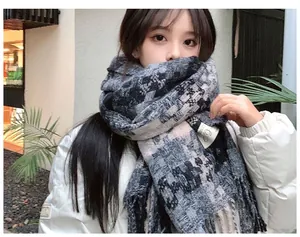 High-quality winter warm plaid woven scarf in soft grey imitation cashmere for women