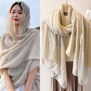 Women Lace Patchwork Scarf Elegant Polyester Cotton Linen Look Shawl Korean Aesthetic Artistic Retro Lightweight Scarf Thin Scarf Neck Wrap