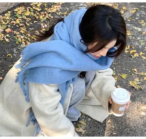 Detailed view of thick blue imitation cashmere scarf worn by a model in autumn