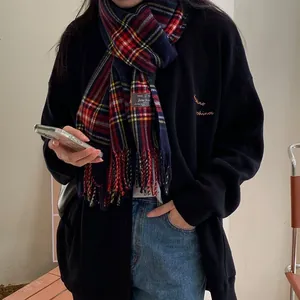 Classic red and navy plaid winter scarf in soft, high-quality imitation cashmere texture.