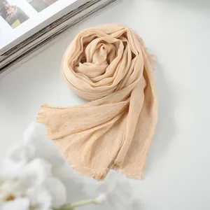 Elegant pleated cotton linen scarf in solid beige color for women