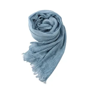 Vintage blue wrinkled cotton linen scarf for women, lightweight solid color neck wrap