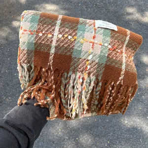 Brown plaid faux cashmere scarf with fringes for the autumn and winter season