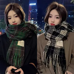 Women Vintage Plaid Imitation Cashmere Scarf Winter Thickened Warm Tassel Shawl Wrap Retro Korean Style Scarf