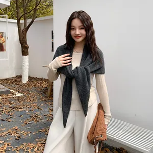 Elegant dark gray knitted shawl wrap for women, stylish solid color triangle scarf accessory