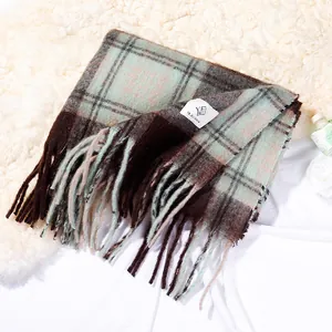 Elegant Maillard plaid scarf for winter in mint green and brown mohair-feel with tassels