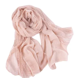 Elegant linen-colored cotton linen scarf with delicate lace patchwork detail for women